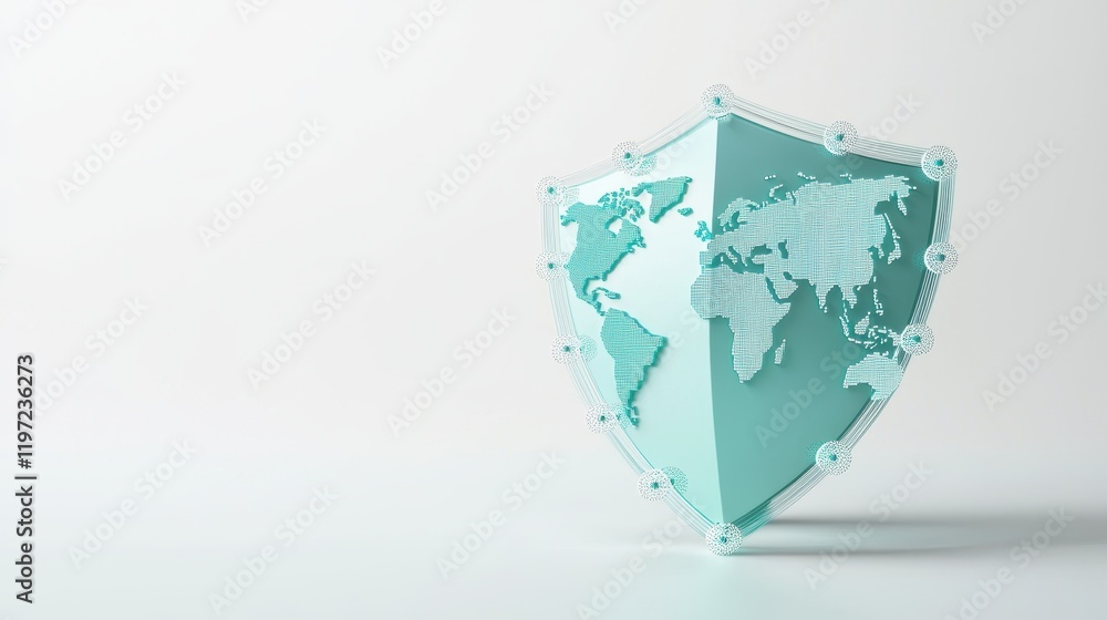 Poster a transparent shield icon with a digital world map and network nodes visible in the background, repr
