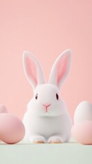 Obraz premium Hovering Easter eggs, fluffy white bunny in the foreground, soft peach background, open yellow space for promotional text.