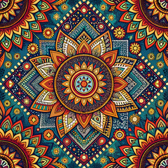 Fototapeta premium Vibrant Mandala Pattern in Bright Colors and Geometric Shapes.