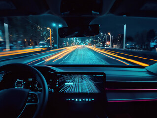Dynamic nighttime drive through a city with vibrant light trails and modern car interior aesthetics