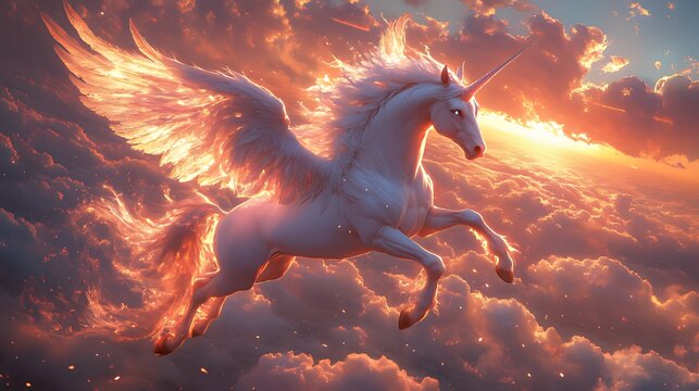 Majestic winged unicorn soaring through fiery sunset clouds.