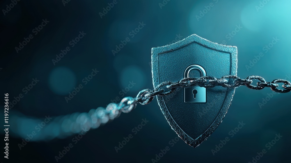 Poster a shield icon with a lock and a chain wrapped around it, symbolizing the prevention of unauthorized 