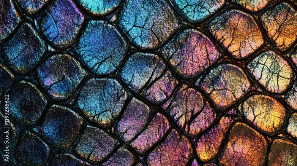 Poster close-up detail of colorful reptile skin with iridescent texture and unique patterns displaying natu