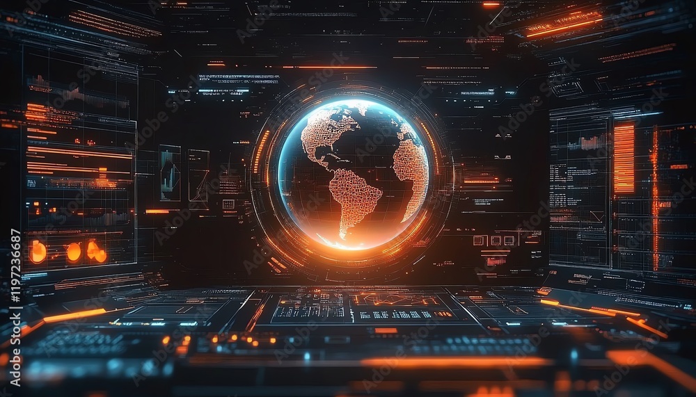 Poster futuristic digital interface displaying a globe with holographic graphics and orange highlights, cut
