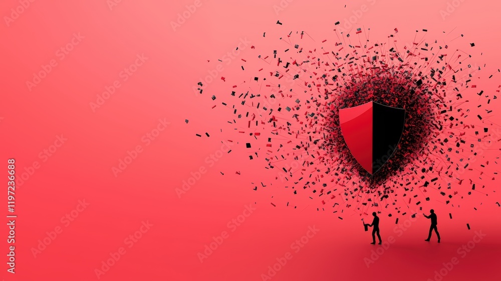 Poster a graphic illustration of a network protected by a shield icon, with hacker figures being repelled a