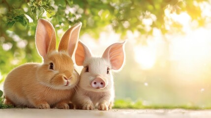 Obraz premium Bunny and piglet friends in sunny garden. Perfect for spring cards