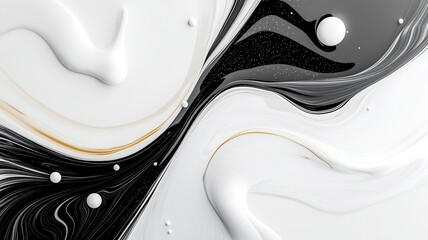 A striking abstract design featuring swirling black and white paint with smooth textures and glossy details.