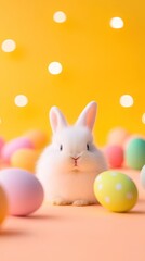 Hovering Easter eggs, fluffy white bunny in the foreground, soft peach background, open yellow space for promotional text.