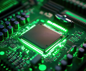 Close-up view of a glowing microprocessor on a circuit board showcasing intricate details and technology