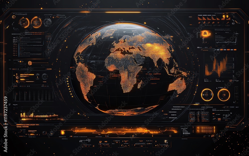 Poster hightech digital interface with a globe featuring futuristic holographic graphics and dynamic orange
