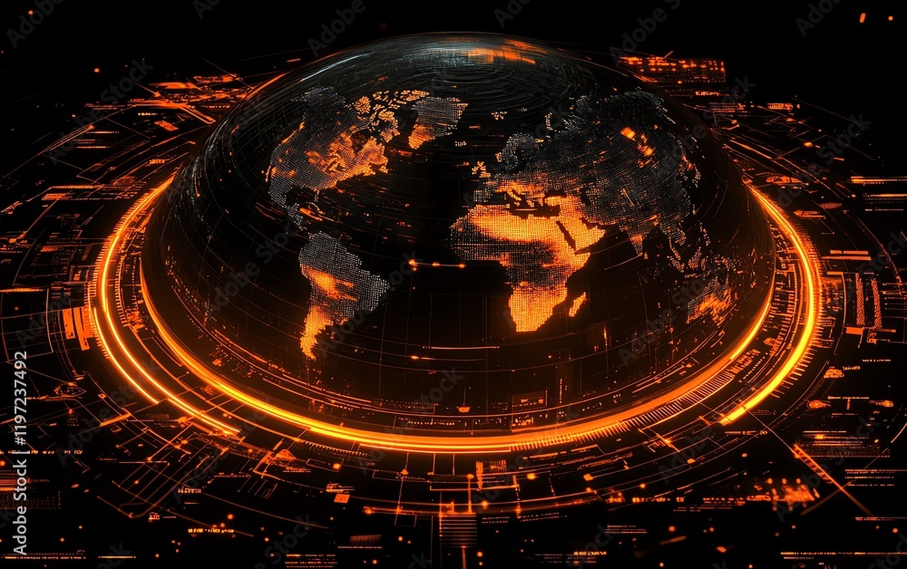 Poster hightech digital interface with a globe featuring futuristic holographic graphics and dynamic orange
