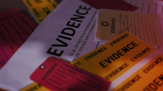 Crime Scene Evidence Tags Labels on Table of Detective Police Lights Cinematic