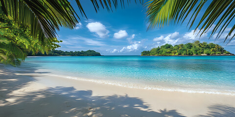 Tranquil tropical beach scene framed by palm leaves and clear waters