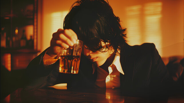androgynous man with black hair, wearing a suit and sitting at a table, drinking whiskey in front of his face