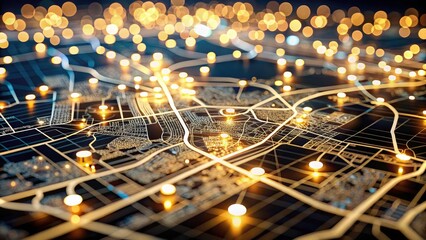 Obraz premium A black and white bokeh aerial photograph maps Trenton, Missouri's downtown, highlighting its street network and geographic location.