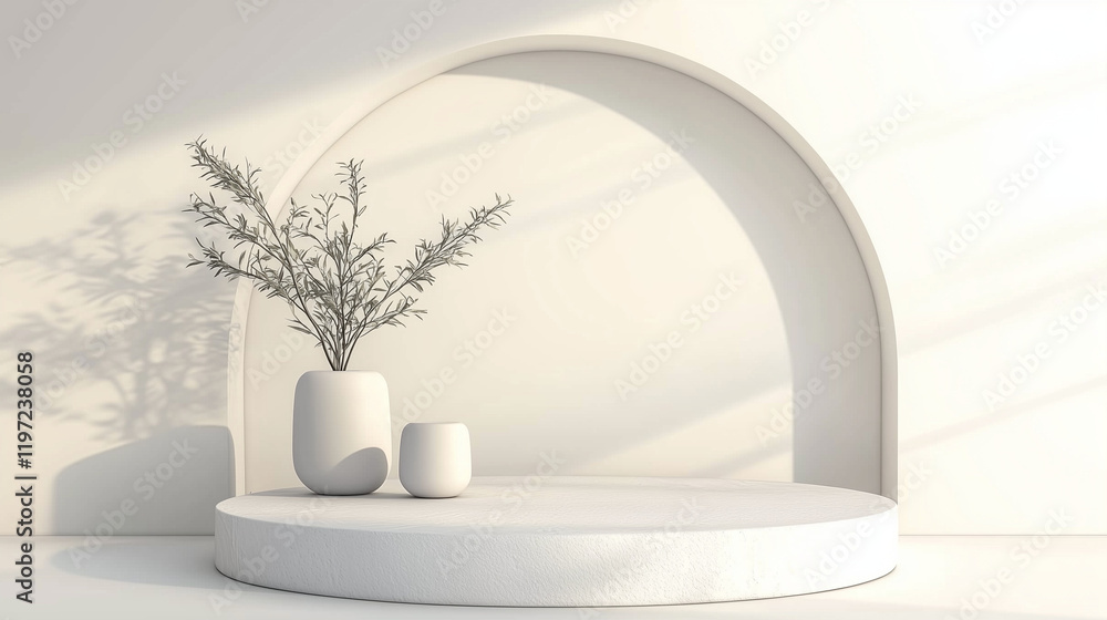 Aufkleber Minimal 3D render of a white podium with an elegant arch in the background. Modern product display scene featuring a round stone platform, natural light from a window, and a clean white interior wall 