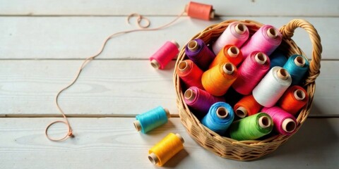 Obraz premium A Colorful Collection of Sewing Threads in a Woven Basket on a White Wooden Surface