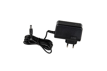 A black power adapter with a European plug and a coiled cable, designed for electronic devices.