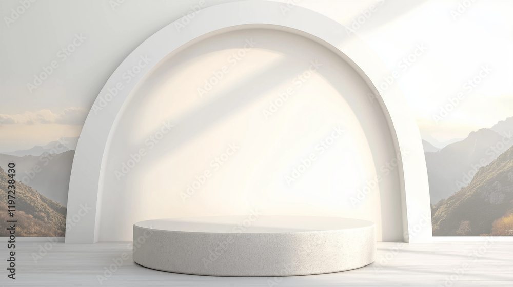 Fototapete Minimal 3D render of a white podium with an elegant arch in the background. Modern product display scene featuring a round stone platform, natural light from a window, and a clean white interior wall 