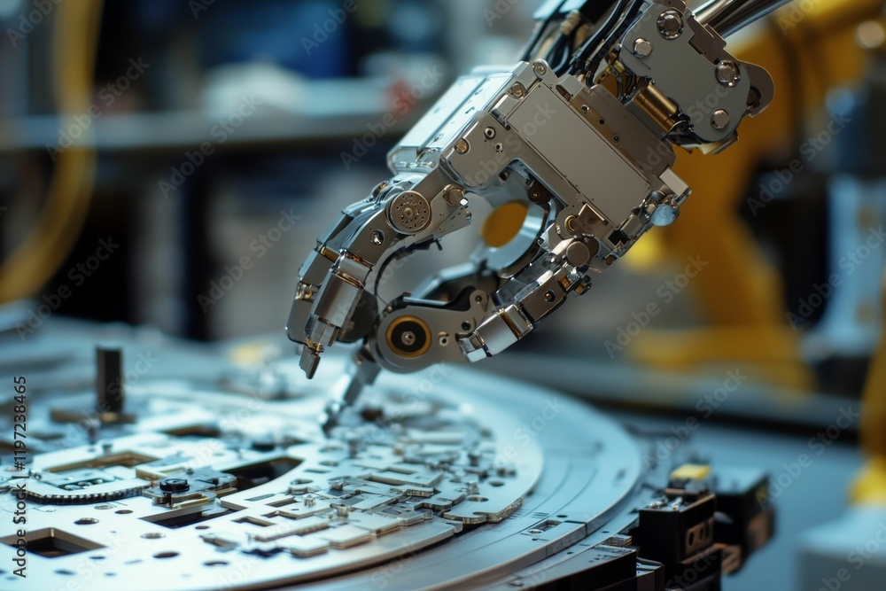 Poster robotic arm manipulating parts on complex platform structure.