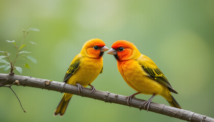 Fototapeta premium Golden-yellow birds on branch