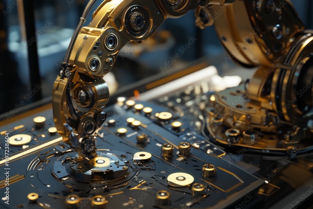 Poster golden robotic arm assembling circuit board components.