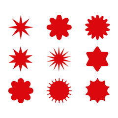 Set of red starburst. Price sticker, sale sticker, price tag, starburst, quality mark, retro stars, sale or discount sticker, sunburst badges, sun ray frames, promotional badge set, shopping labels