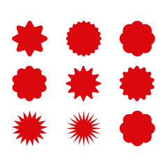 Set of red starburst. Price sticker, sale sticker, price tag, starburst, quality mark, retro stars, sale or discount sticker, sunburst badges, sun ray frames, promotional badge set, shopping labels