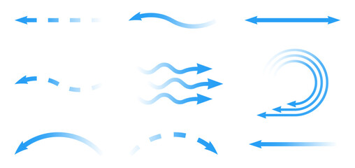 Air flow. Set of blue arrows showing direction of air movement. Wind direction arrows. Blue cold fresh stream from the conditioner.