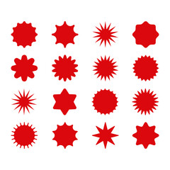 Set of red starburst. Price sticker, sale sticker, price tag, starburst, quality mark, retro stars, sale or discount sticker, sunburst badges, sun ray frames, promotional badge set, shopping labels