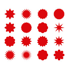 Set of red starburst. Price sticker, sale sticker, price tag, starburst, quality mark, retro stars, sale or discount sticker, sunburst badges, sun ray frames, promotional badge set, shopping labels