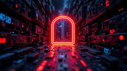 This is a digital artwork featuring a cybernetic or tech-themed environment with a door, possibly representing an entrance to secure data systems. It evokes themes of cybersecurity and protection 