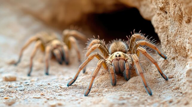 Two tarantulas near desert burrow, close-up. Wildlife photography for nature documentaries