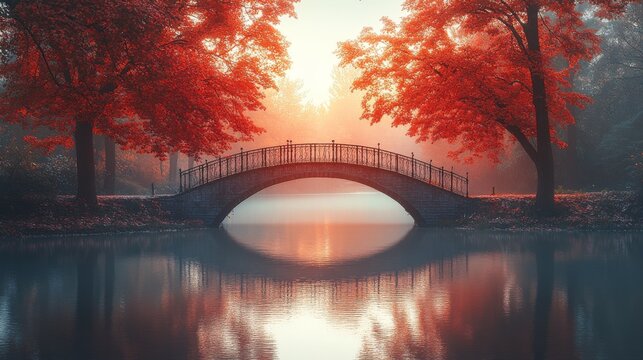 Misty sunrise over a stone bridge reflected in a calm pond, framed by vibrant red autumn trees.