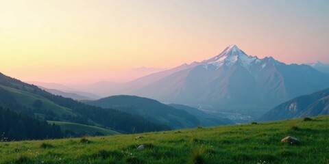 Fototapeta premium Serene Sunset Vista Over Rolling Hills and Majestic Snow-Capped Peaks