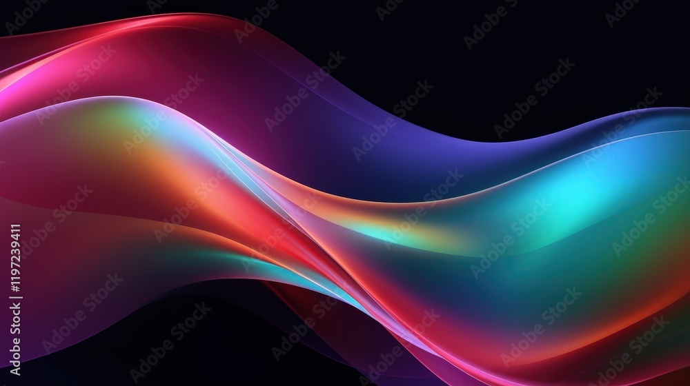 Poster vibrant abstract fluid waves in iridescent holographic color palette with smooth transitions and dyn