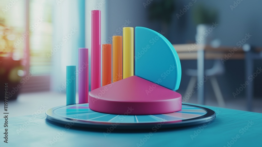 Poster colorful pie and bar charts representing data analysis and business insights.