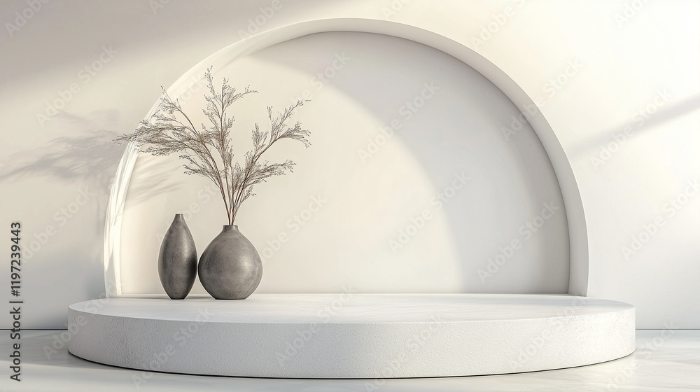 Poster Minimal 3D render of a white podium with an elegant arch in the background. Modern product display scene featuring a round stone platform, natural light from a window, and a clean white interior wall 