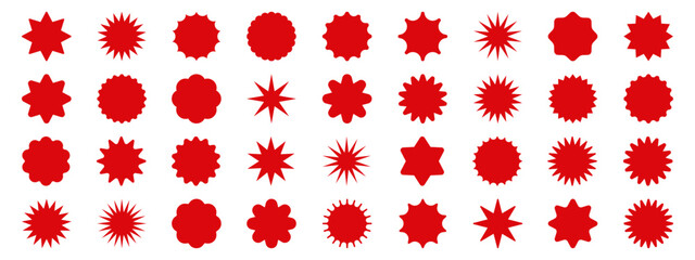 Set of red starburst. Price sticker, sale sticker, price tag, starburst, quality mark, retro stars, sale or discount sticker, sunburst badges, sun ray frames, promotional badge set, shopping labels