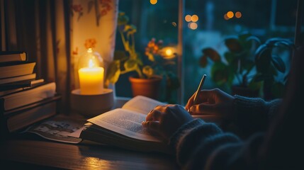 A candle-lit scene with a person journaling, symbolizing relaxation and mindfulness for better sleep.