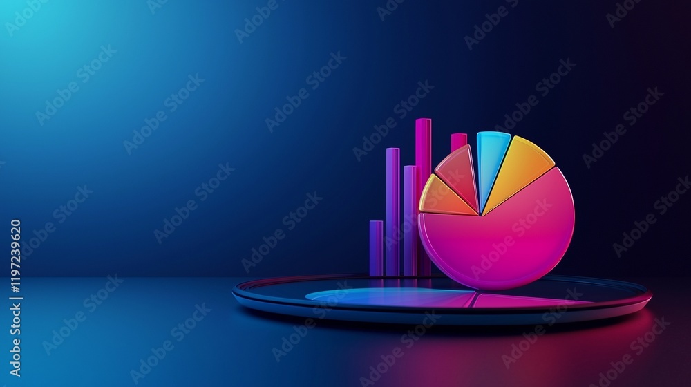 Poster 3d pie and bar charts on a reflective surface symbolize financial data analysis. ample copy space.