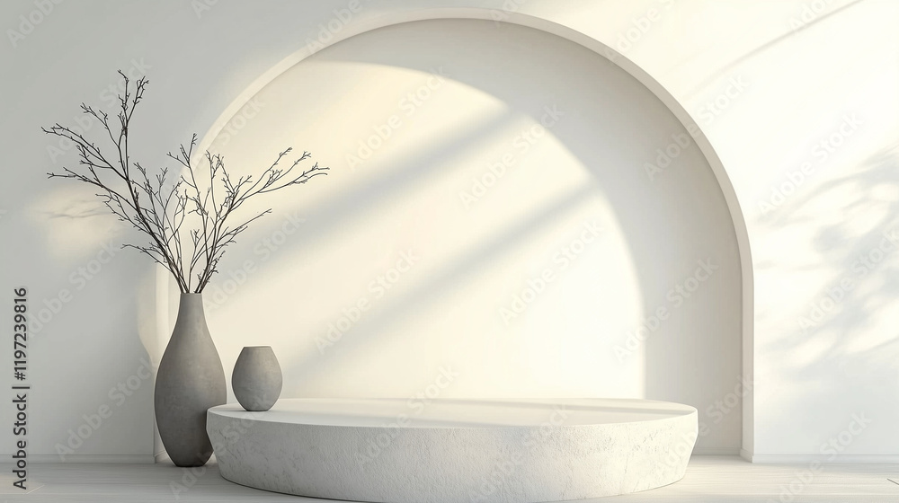 Poster Minimal 3D render of a white podium with an elegant arch in the background. Modern product display scene featuring a round stone platform, natural light from a window, and a clean white interior wall 