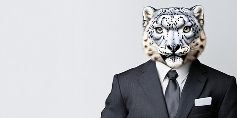 Businessman with a snow leopard head presents unique concept