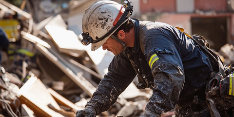 Firefighter searching through debris at disaster site