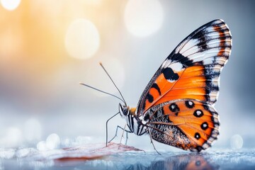 Obraz premium A butterfly with torn wings resting on a leaf, bathed in gentle sunlight breaking through the forest canopy