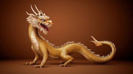 Obraz premium Majestic Golden Dragon Soaring Gracefully Against a Bold Red Background Symbolizing Power and Mystique in a Richly Imagined Fantasy World