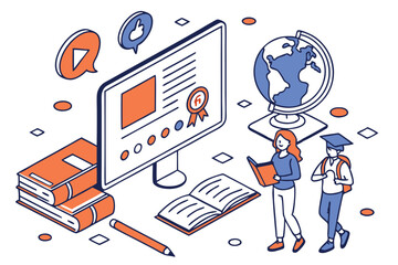 Flat illustration, online education, e-learning platform, digital classroom, desktop computer, globe, books, colorful icons, social media symbols, diverse students, modern learning environment, blue a