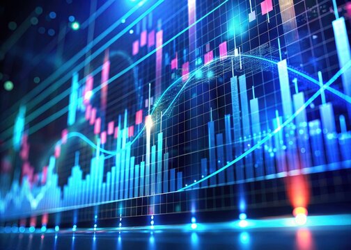 Deep blue background reveals a holographic stock market, visualizing investment graphs with virtual statistics in sharp focus.