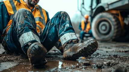 Worker in muddy site, sitting injured. concept: workplace accident, trauma.