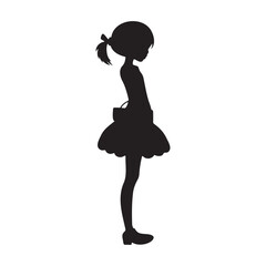 Young cartoonish girl with purse standing pose silhouette vector illustration